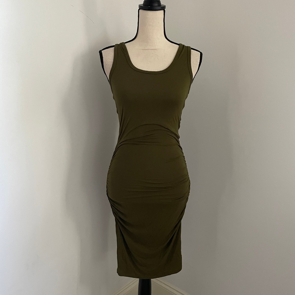 Green Racerback Dress XS Ruched Side Sleeveless Midi Minimalist Bodycon Coverup - Picture 1 of 10